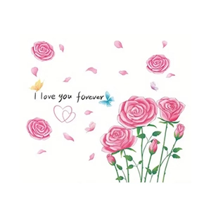 Pink rose wall decal with butterflies and 'I love you forever' text for home decor