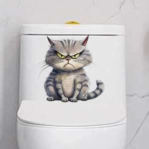 Funny angry grey striped cat toilet sticker for creative bathroom home wall decoration