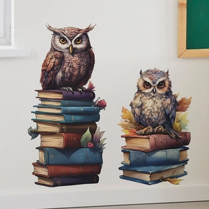 Cartoon Owl Standing On Books Wall Sticker PVC Self Adhesive Illustration Pattern Removable Decals For Kids Bedroom Decor