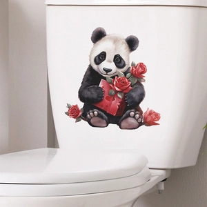 Cute Panda Holding Roses And Heart Box Toilet Lid Sticker Waterproof PVC Cartoon Animal Decal For Bathroom Home Decor