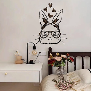 Cartoon rabbit wall sticker with leopard glasses and hearts for bedroom wall decor