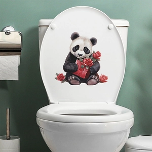 Cute panda wall sticker holding red roses and heart box for bathroom toilet decor
