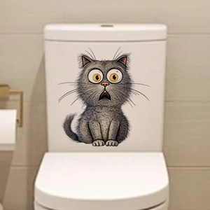 Funny scared grey cat toilet sticker with yellow eyes for bathroom home decor