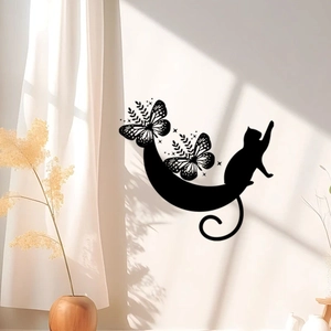 Black cat silhouette on moon wall sticker with butterflies for home decoration
