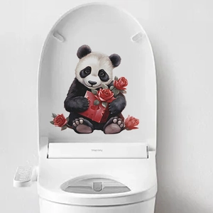 Self-adhesive panda toilet sticker with red roses and gift box for bathroom decoration