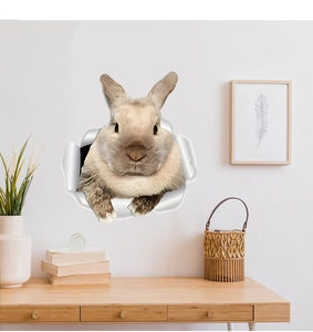 Sticker mural 3D avec un lapin brun réaliste sortant d'une fissure dans le mur
