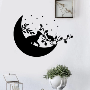 Artistic Black Cat Moon Silhouette Wall Sticker PVC Self Adhesive Star Branch Decal For Living Room Bedroom Home Decor