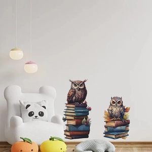 Cartoon owl and books wall stickers for cozy kids room decor and aesthetic interior design