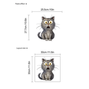 Self-adhesive cartoon gray cat toilet sticker with surprised eyes for bathroom decoration