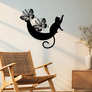 Detailed vinyl wall sticker featuring black cat silhouette, crescent moon and butterflies