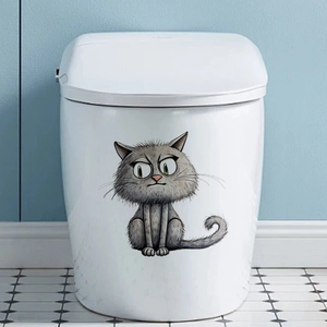 Funny grey cartoon cat toilet sticker for bathroom decor with realistic fur texture