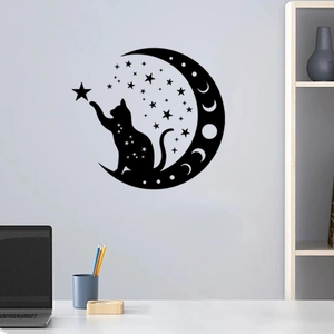 Black cat silhouette on moon wall sticker with stars for living room decoration