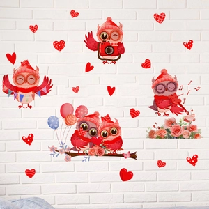 Adesivo da Parete Gufo Rosso Cartone Animato Cuore Palloncino Adesivi in PVC Removibili per San Valentino Soggiorno Camera da Letto