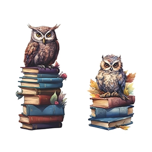 Cartoon owl perched on a stack of colorful books wall sticker for home decor