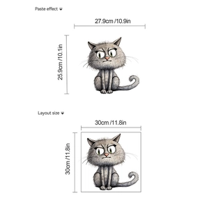 Funny grey cartoon cat toilet sticker with dimensions 30x30cm for bathroom decoration
