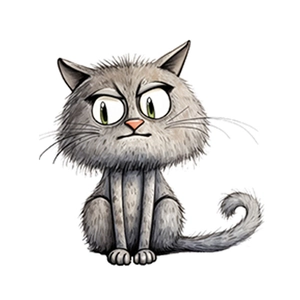 Funny cartoon grey cat toilet sticker with angry expression on white background