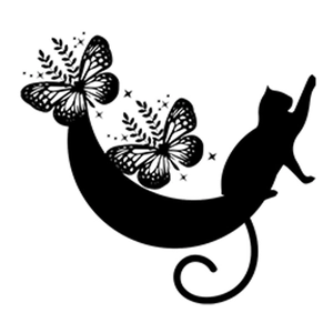 Cartoon black cat silhouette with butterfly and moon wall decal for living room