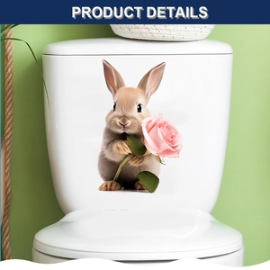 Close-up of adorable bunny with pink rose decal applied on a white toilet tank