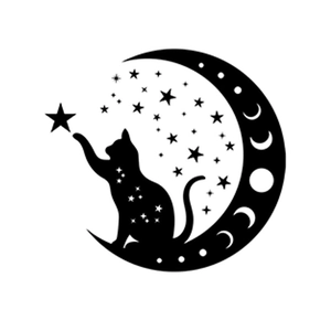 Cartoon black cat silhouette on crescent moon wall sticker with stars for home decor