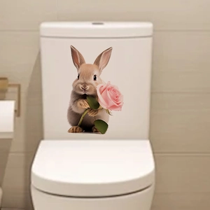 Cute Easter bunny with pink rose decorative self-adhesive sticker on white toilet tank