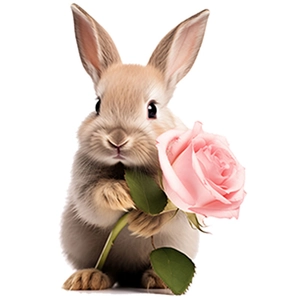 Removable Easter bunny toilet sticker with rabbit holding pink rose on white background