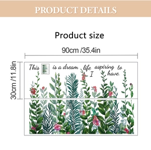 Dimensions détaillées du sticker mural floral avec feuilles vertes et baies 90x30cm