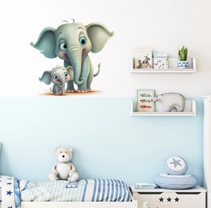 Detail of cartoon elephant wall stickers with soft grey and pink tones in a kids' room