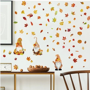 Fall maple leaf and gnome wall stickers set for Thanksgiving home decor on white wall