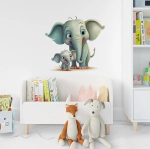 Detailed scene of cartoon elephant wall stickers in a cozy children room with toys