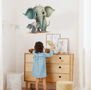 Nursery wall decal featuring gray cartoon mother and baby elephant on white wall background