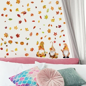 Detailed view of autumn gnomes and maple leaves wall stickers for Thanksgiving decor