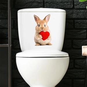 Cute realistic bunny with heart toilet lid sticker for Easter bathroom wall decoration