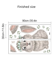 Detailed size guide for cartoon Easter bunny wall decal with floral wreath for living rooms