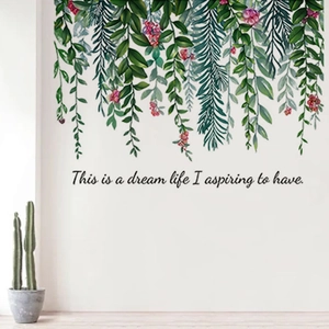 Sticker mural branche de fleurs avec baies roses et citation pour décoration de maison