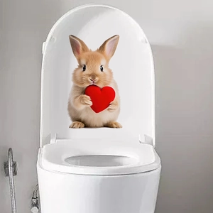 Removable cartoon bunny toilet sticker holding a red heart for bathroom home decoration