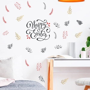 Decorative Happy Easter wall sticker with wheat ears and colorful leaves for home interior