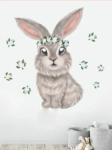 Detail of grey rabbit wall sticker with flower crown for cozy nursery room decoration