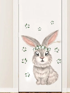 Detail of Easter cartoon bunny wall sticker with flower crown on a white door
