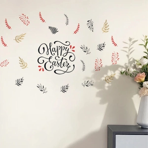 Happy Easter wall sticker featuring black artistic typography with red and gold leaves