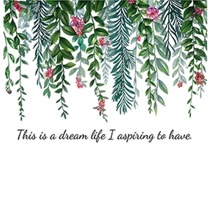 Sticker mural feuilles vertes et baies rouges avec texte anglais inspirant