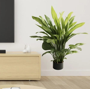 Detail view of large tropical green leaf wall stickers for a modern living room decor