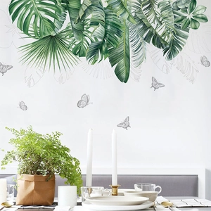 Tropical green leaf wall stickers with monstera and butterflies for living room decor