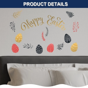 Detailed view of Happy Easter wall decals with golden script and patterned egg stickers