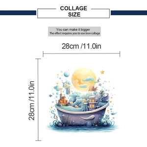 Detailed dimension view of dreamlike castle ship wall sticker measuring 28x28cm square size