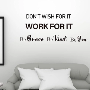 Detail of Never Give Up motivational wall stickers on a modern living room wall