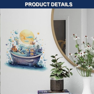 Detail showing cartoon castle ship wall sticker with moon and stars in bedroom setting