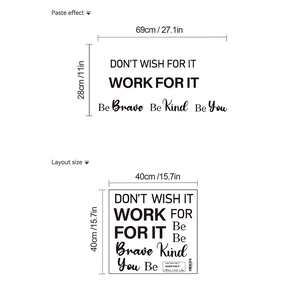 Inspirational wall sticker dimensions showing layout size and final paste effect on wall
