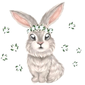 Cartoon Easter bunny wall decal with floral wreath for kids nursery home decoration