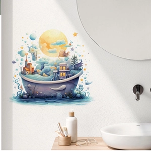 Detail of whimsical bathtub castle wall sticker on a minimalist white textured wall