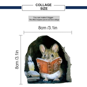 Detail view of 3D cartoon mouse reading in a hole wall sticker with 8cm size dimensions